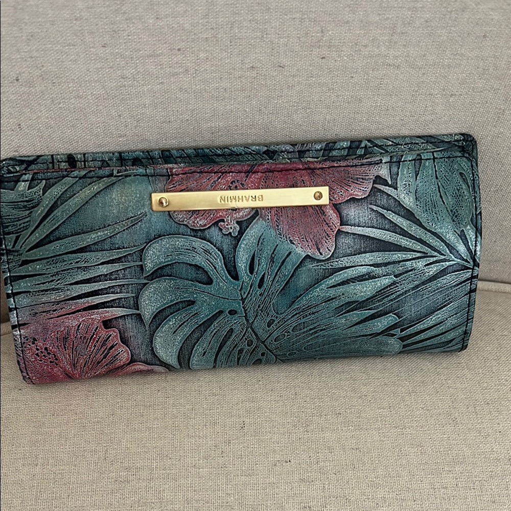Brahmin Green and Pink Wallet with Botanical Design